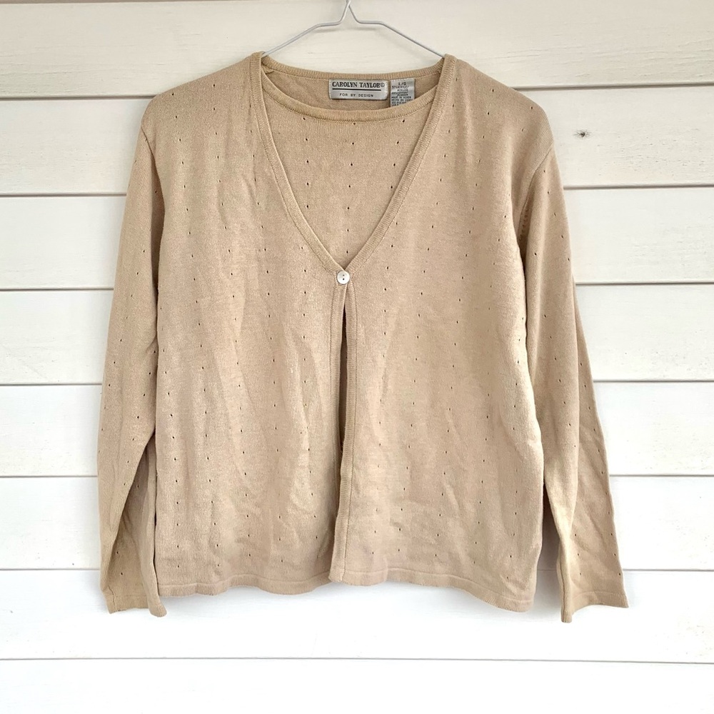 Tan and cream knit cardigan with button detail